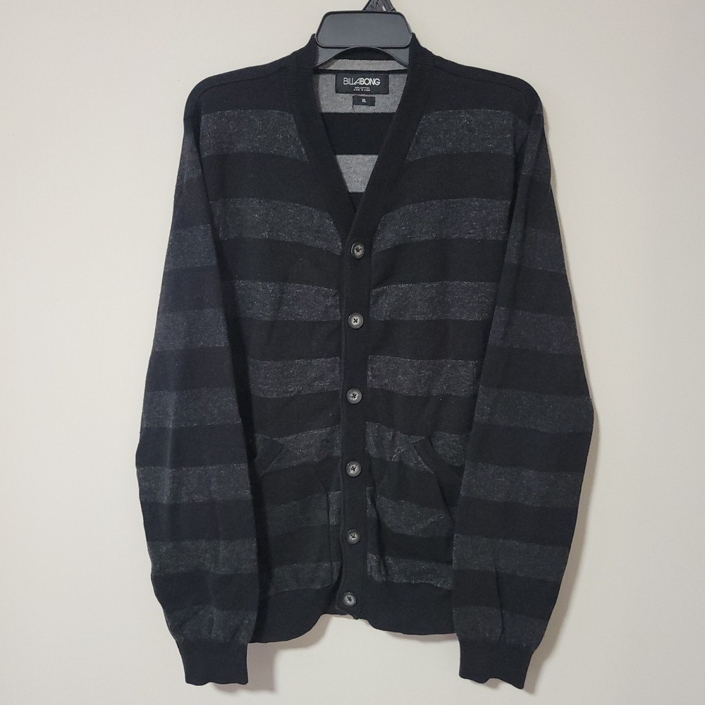 Billabong Striped Cardigan Sweater Mens XL Black Gray Button Up Skater Y2K